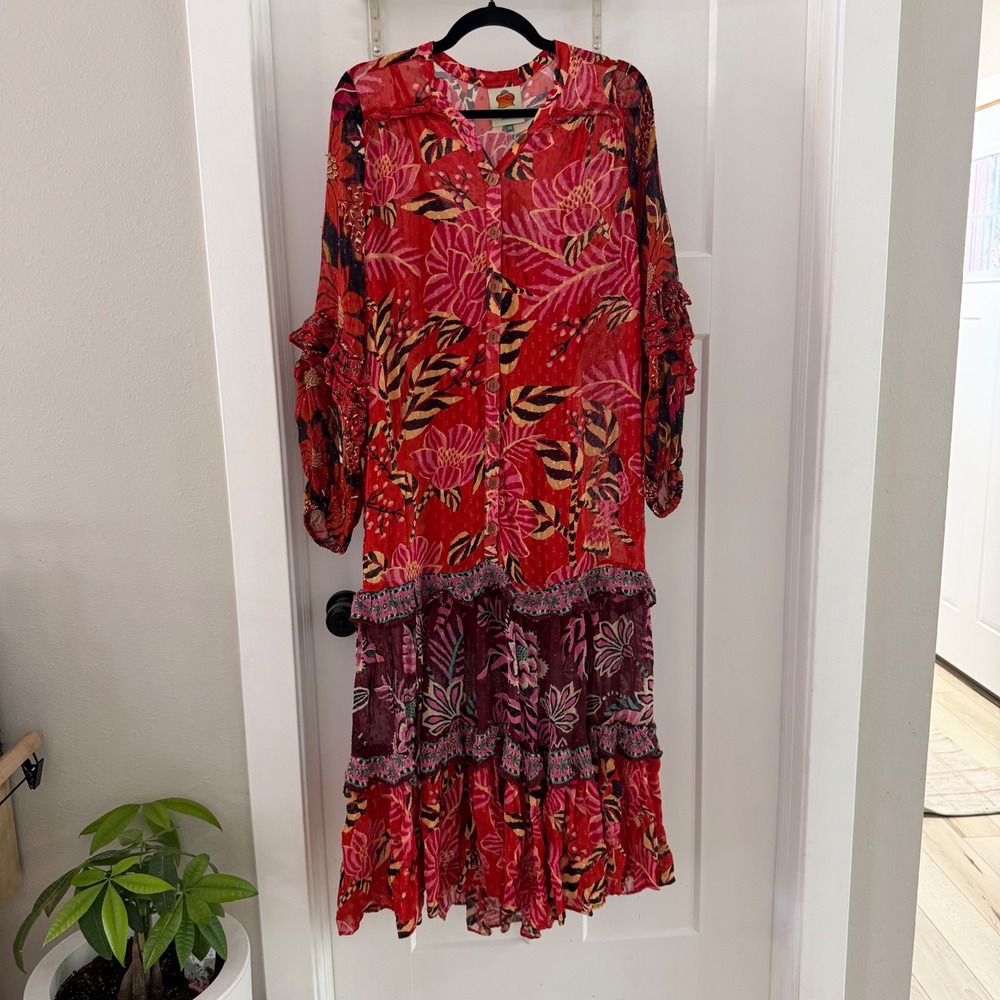Farm Rio Mixed Floral Prints Long Sleeve Midi Dress Red XS NWT Boho Resort Vacay